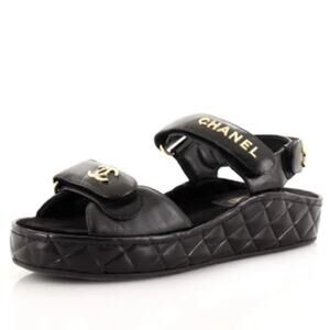 CHANEL Shiny Calfskin Leather Platform Dad Logo Strap Wedge Sandals Quilted 36